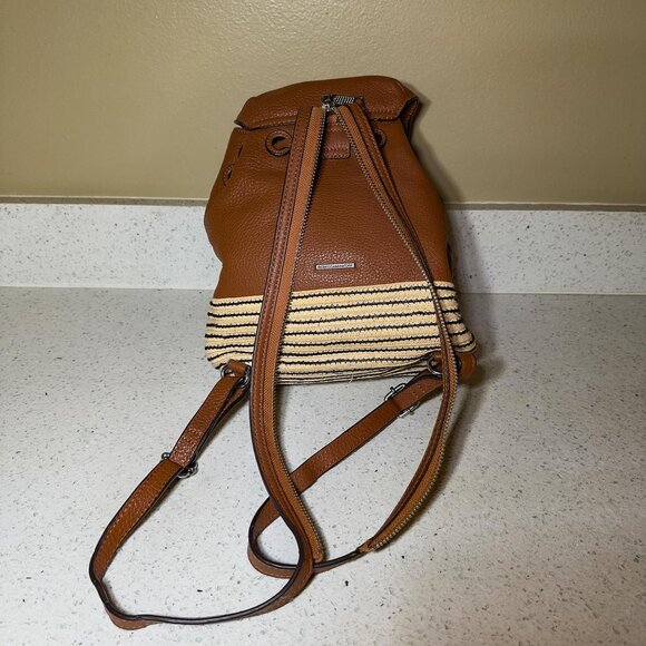 REBECCA MINKOFF Leather Raffia Trim Backpack - Brown